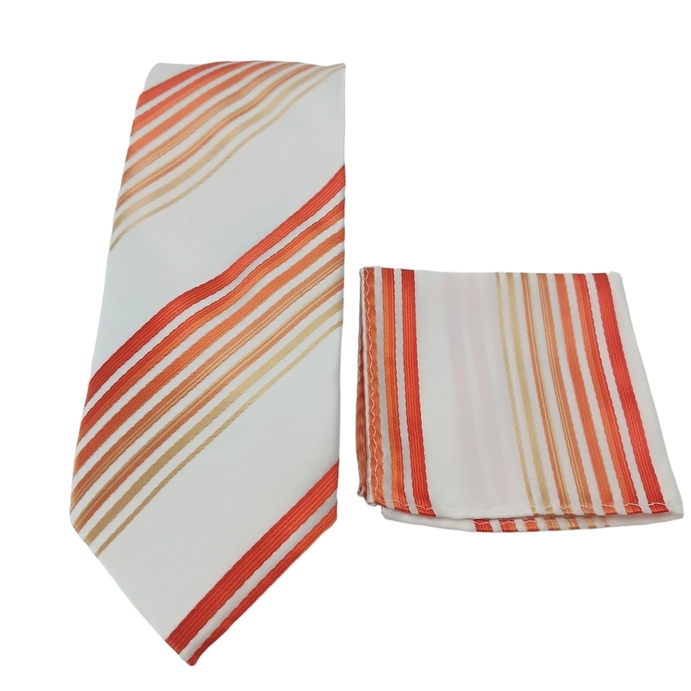 Berlioni Italy Striped Mens Tie & Pocket Square Orange White Set Microfiber 60”